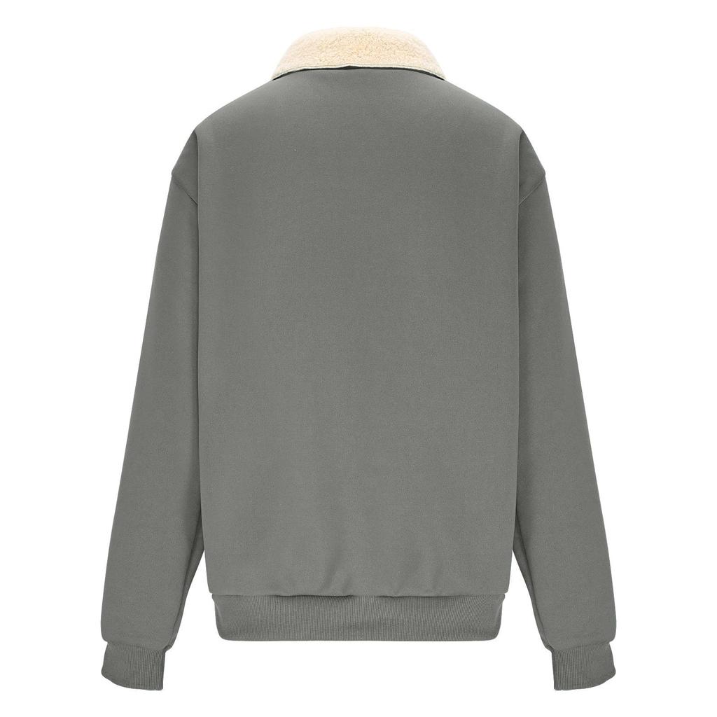 Women's Casual Full Zip Up Jacket Sweatshirt Coat Lapel Collar Solid Color Coats Warm Clothes With Pockets