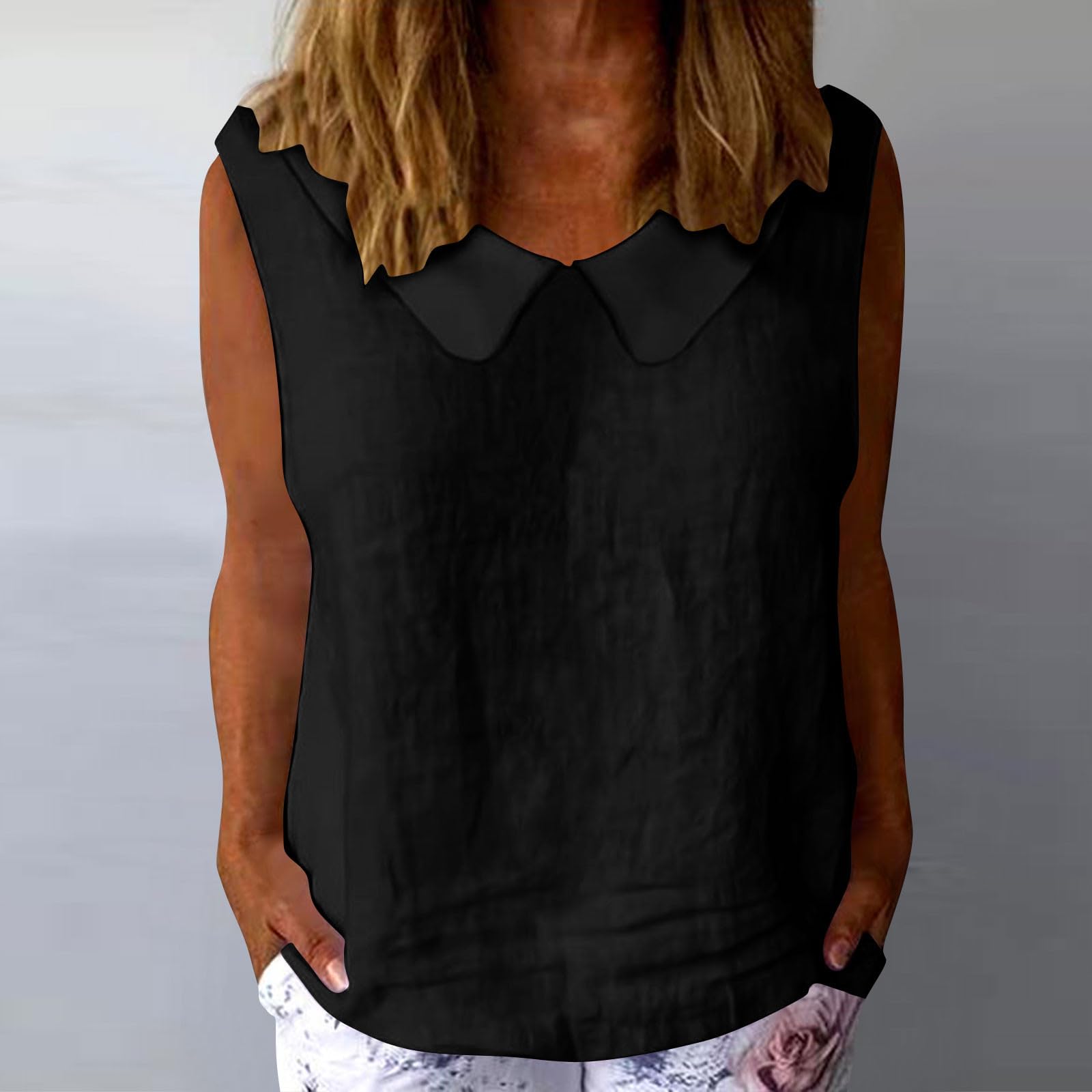 Women s Linen Shirts Lapel Sleeveless Tops  Button Down Shirts  Tank Tops L