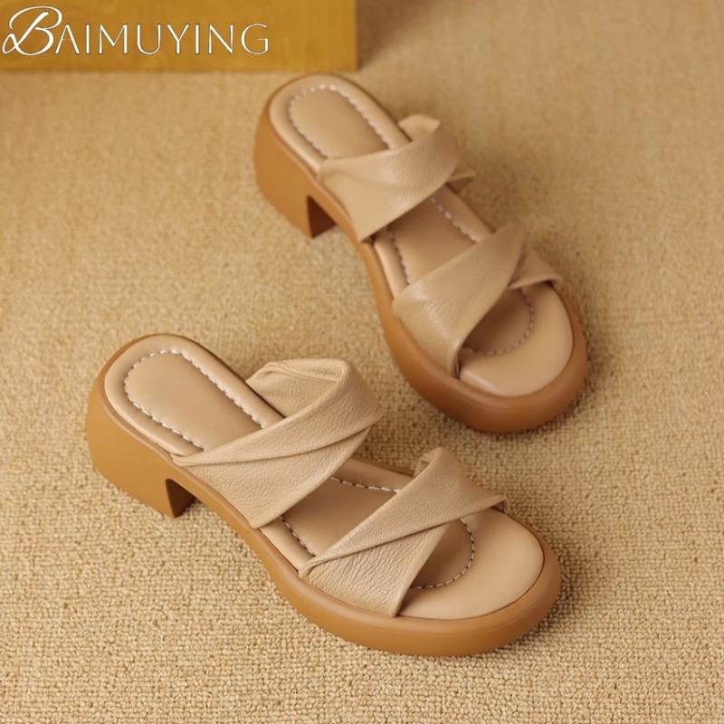 Fashion Women Slippers Heeled Sandals Platform Casual Shoes Woman Loafers 2025 Brand Elegant Dress Summer Chunky Soft Leather Slides