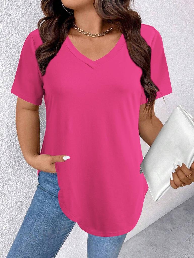 Women's V Neck Short Sleeve Tunic Top Loose Fit Casual Style Polyester Solid Color Curved Hem Long Tee Plus Size Summer Shirt