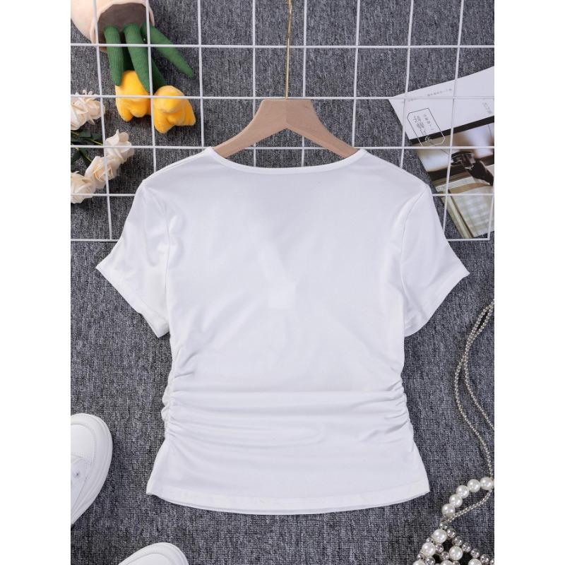 Women's Side Pinch Pleat Waist Closing Scissor Neck V-Neck Stretch Cotton Solid Colour Peplum Summer Short Sleeve T-Shirt
