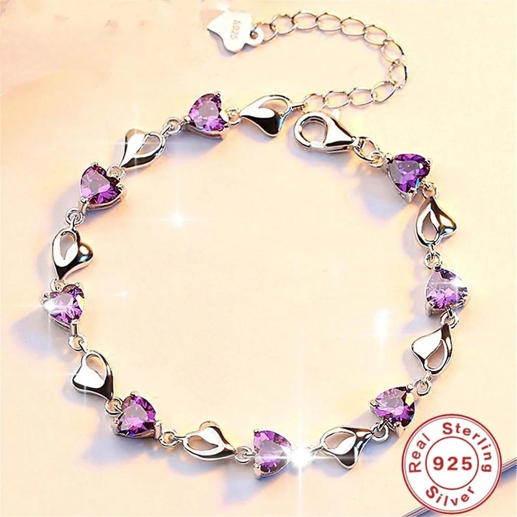 Luxury S925 Sterling Silver Love Bracelet Purple Blue Zircon Crystal for Women Party Engagement Jewelry Gift