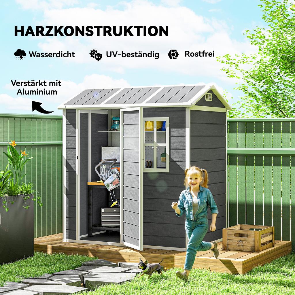 Garden House, Garden Shed with Floor, Window, Lockable Door, Plastic Resin, Weatherproof, Gray