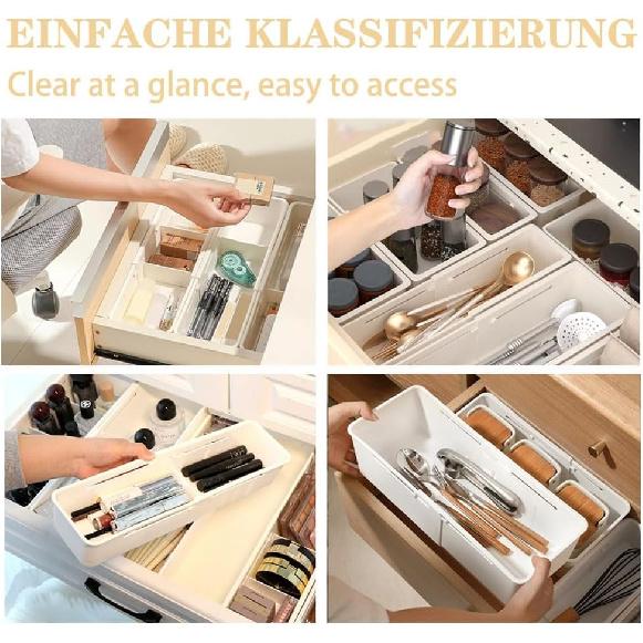 2PCS Expandable Storage Drawer Organizers Sliding Bin Plastic Desk Drawer Trays with Removable Dividers Adjustable Makeup Storage Bins for Bedroom,
