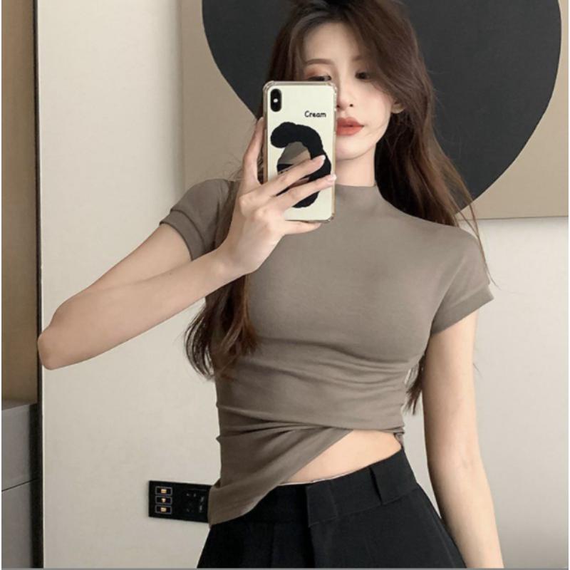 

WTEMPO женская футболка с короткими рукавами, полуводолазка, летний тренд, универсальный топ, сексуальная тонкая футболка, однотонный топ Y2k, Прямая доставка XL коричневый