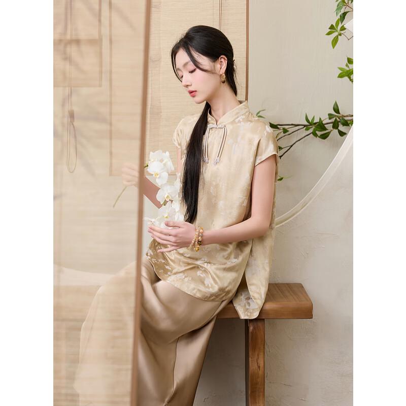 Sancai New Chinese Style Jacquard Stand-up Collar Silk Blend Top