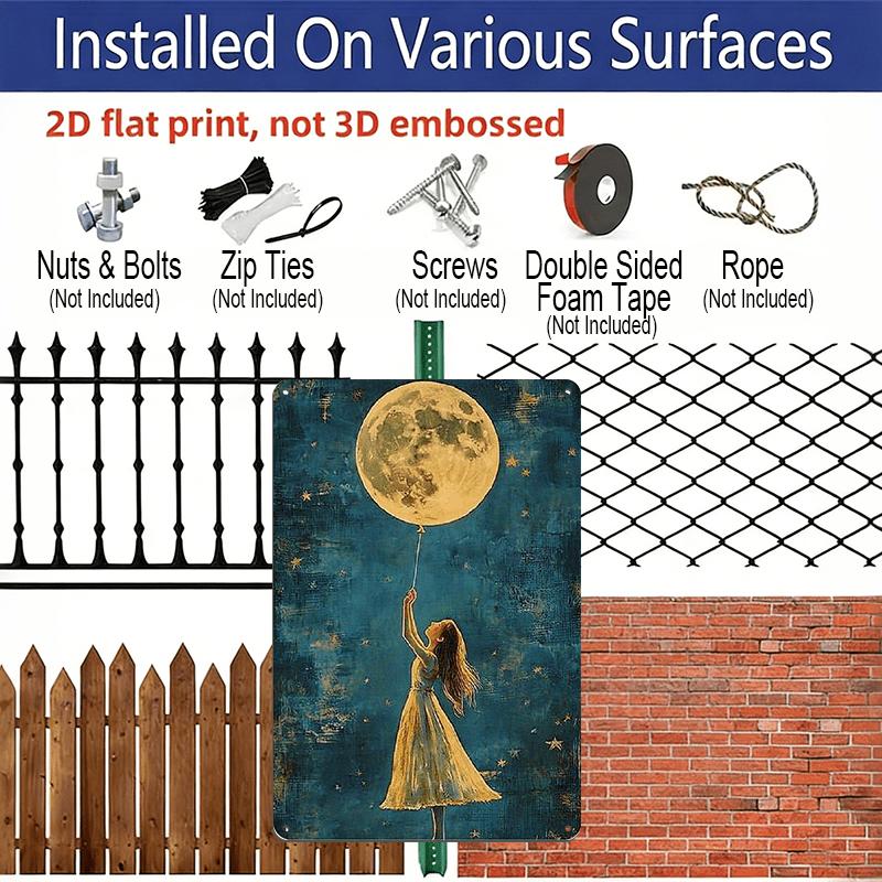 2D Flat 8X12 Inch Metal Wall Art Featuring A Dreamy Night Sky with A Golden Full Moon and A Girl Reaching for A Balloon. This Aluminium Plaque Is