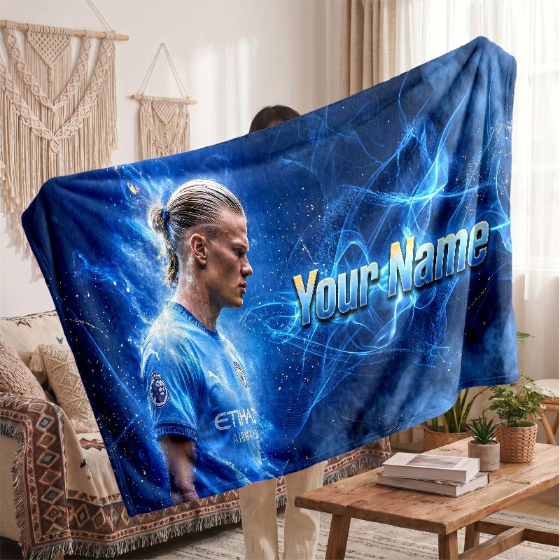 Erling Haaland Personalized Fleece Blanket With Football Logo, Custom Name Text Soft Warm Home Throw Blanket