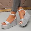 Fashion Women's Silver Platform Sandals with Ankle Strap Fashion Chunky Wedge Sandals Woman Summer 2025 Thick Sole Beach Sandalias Mujer