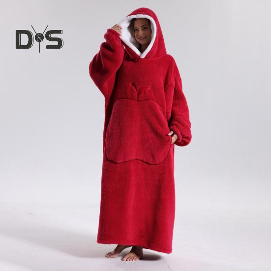 Winter Wearable Blanket Bathrobe with Big Pocket Thick Double-sided Fleece Loose Long Sleeves Pajamas Heat Retention Full Protection Home Lazy Sleeve