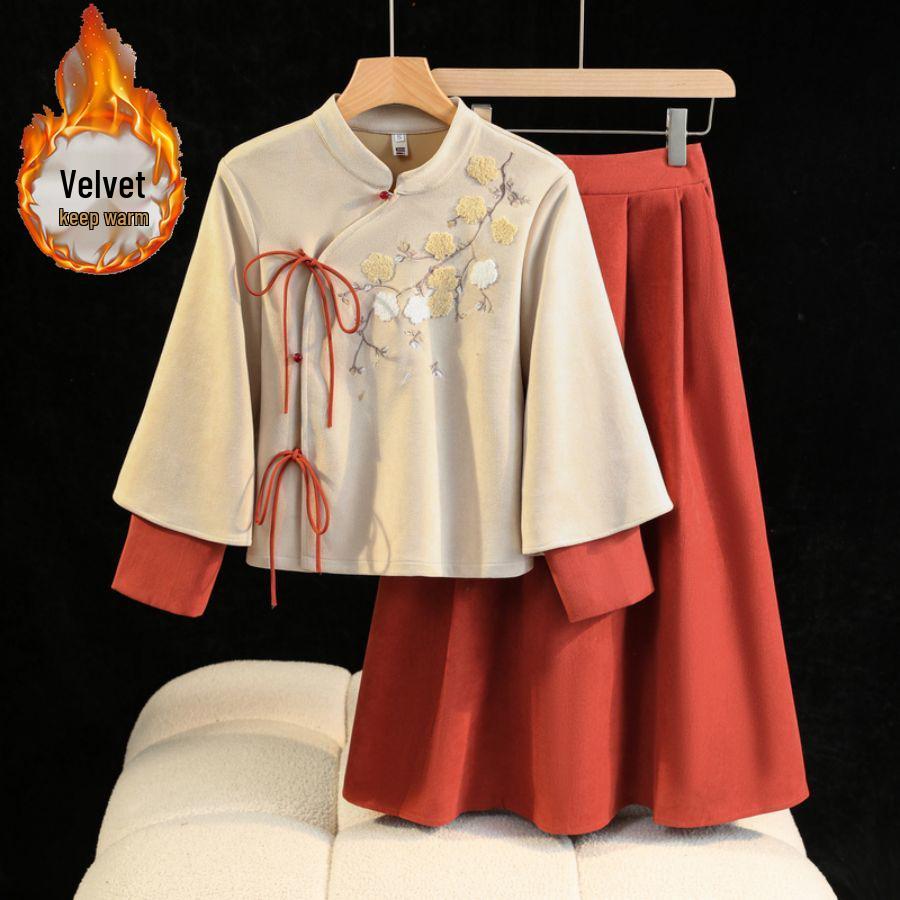 

Женский осенне-зимний ретро-вышитый костюм Тан из оленьей кожи и топ ханьфу ципао, чайный набор XXXXL