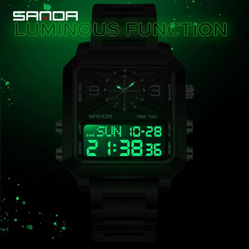 Sanda Brand Business Sports Square Dual Display Men's Quartz Waterproof Led Analog Digital Countdown Electronic Male Watch