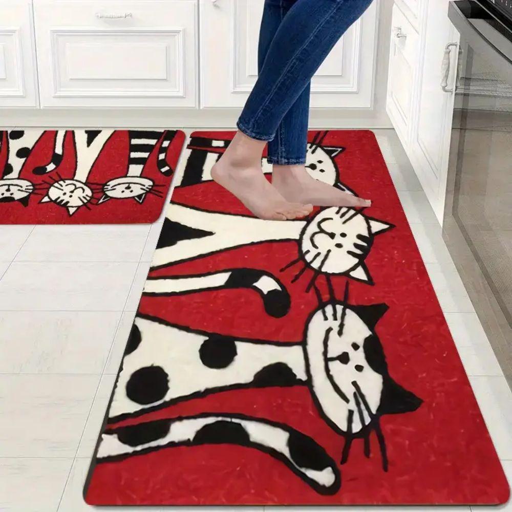 VIKAMA 1/2PCS Cute Cat Printed Washable Kitchen Floor Mat Porch And Balcony Long Strip Carpet Entrance Door Mat Home Decoration