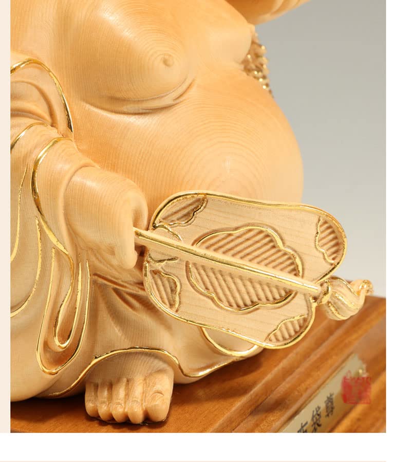 Wooden Buddha Hotei carved cypress wood 15cm x width good luck charm statue, figurine, high-quality (height 11cm),