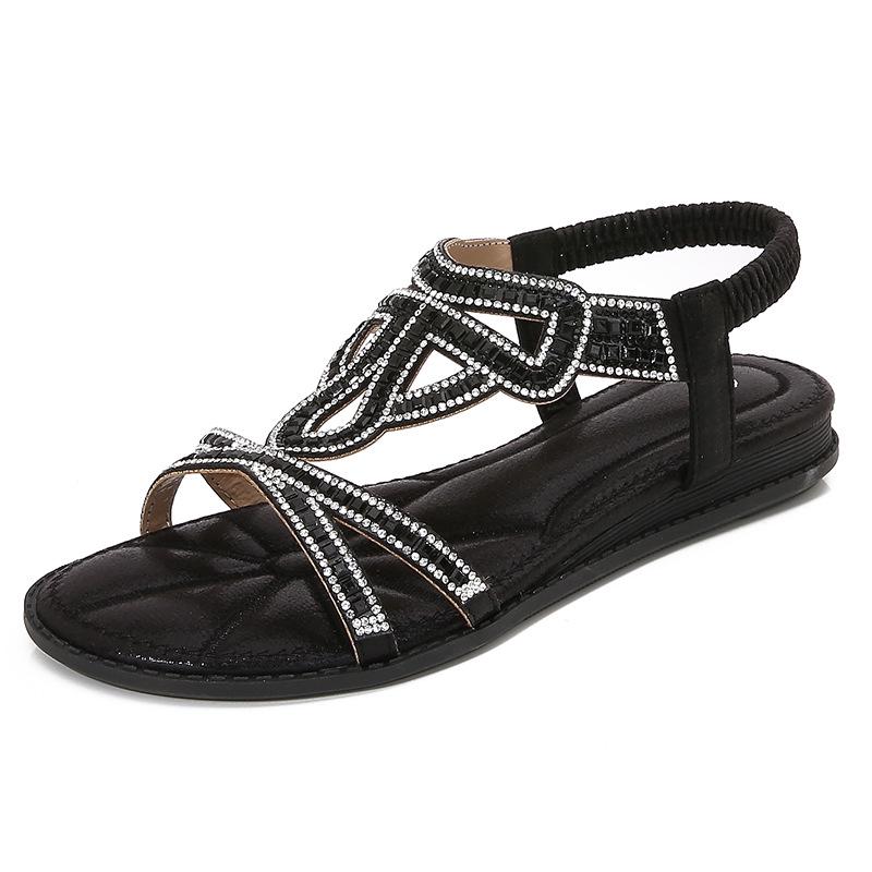 IELTS Run Plus Size Rhinestone Bohemian Sandals - Women's Summer Flat Hollow-Out Shoes