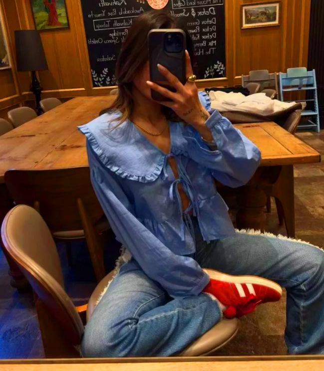 2026 Spring Fashion: Women's Long Sleeve Cotton Shirt with Doll Collar and Tie-up Design - European & American Style