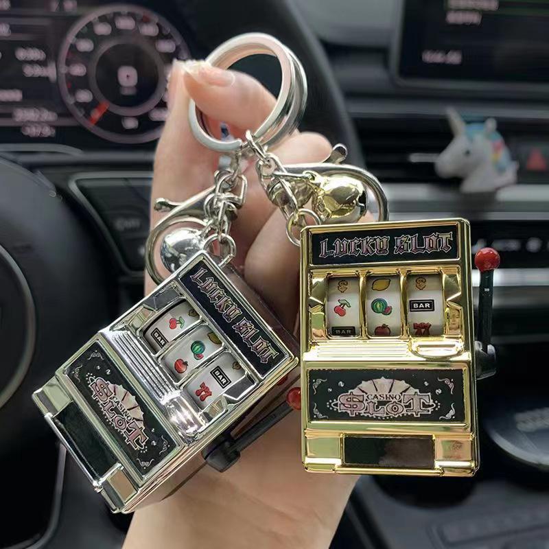 Mini Cartoon Fruit Slot Machine Keychain: Playable, Spinning, Rocking Toy Game