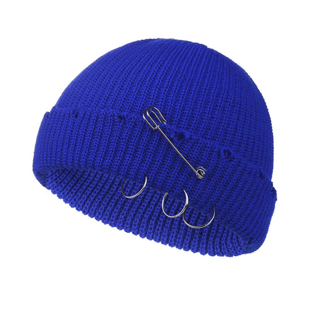 Fall And Winter Trendy Solid Color Safety Pin Iron Ring Knitted Wool Hat, Vintage Holey Pullover Wool Hat