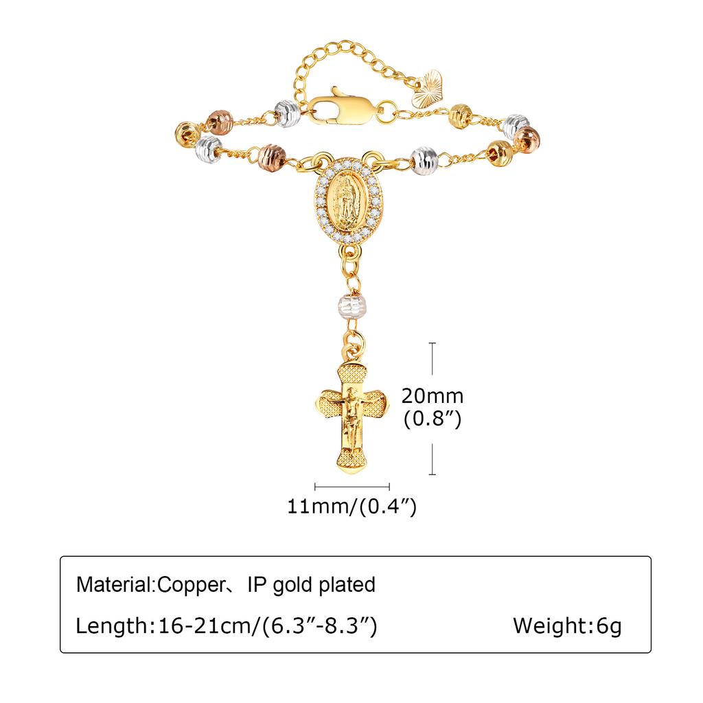 Tri-color Beads Rosary Virgin Mary Jesus Cross Charm Bracelet for Women, Metal Beaded Chain Religious Pray Jewelry