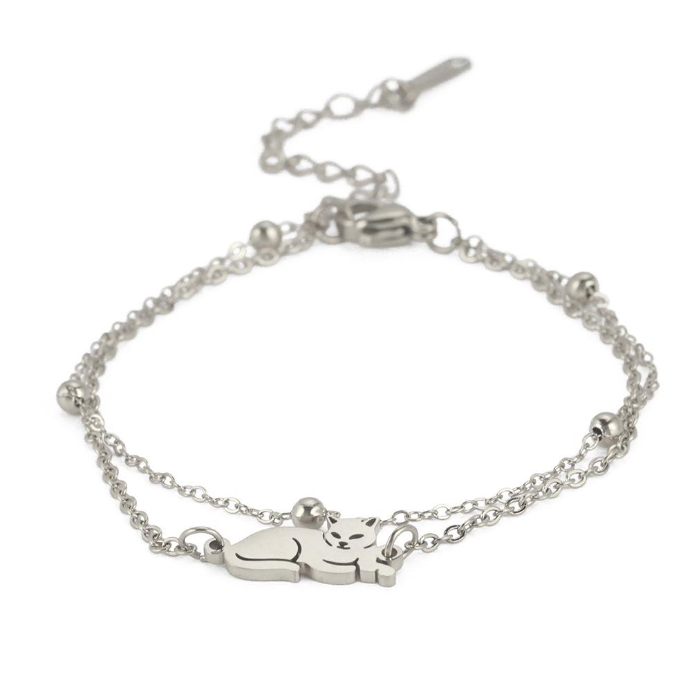 Double Layer Titanium Steel Bracelet with Lying Cat Pendant Women s Fashion Jewelry