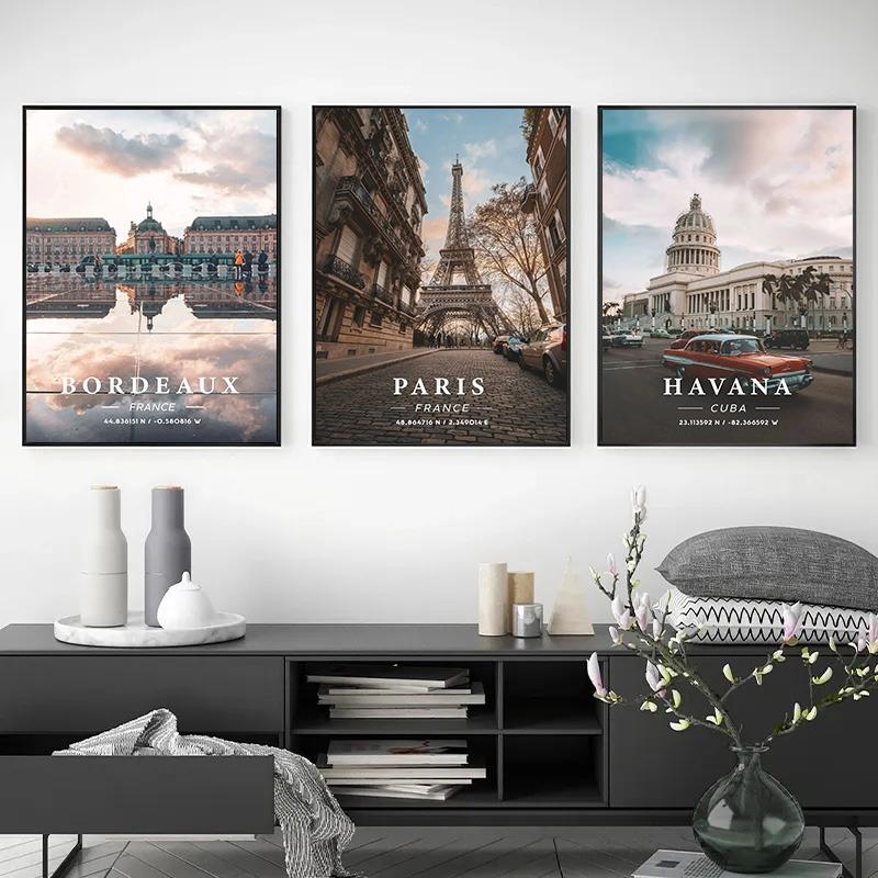 Modernes Reiseziel Stadt Wahrzeichen Landschaft Paris Havanna Amalfi Madrid Delhi Poster Wandkunst Bilder für Wohnzimmer Heimdekoration