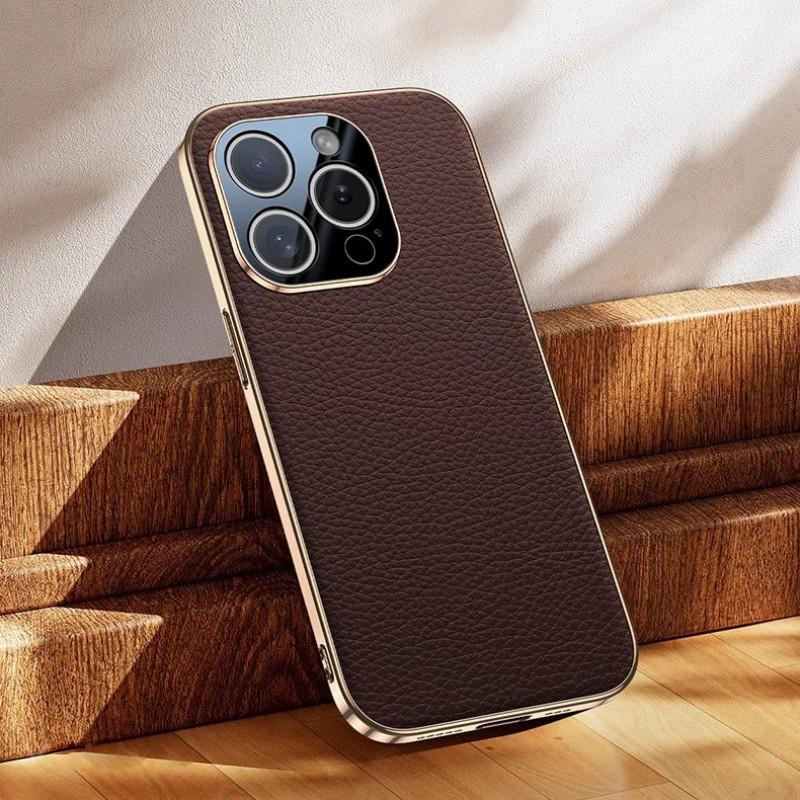 Luxus Echtleder Handyhülle iPhone 15 Pro Max 14 Mit Galvanisiertem Goldrand
