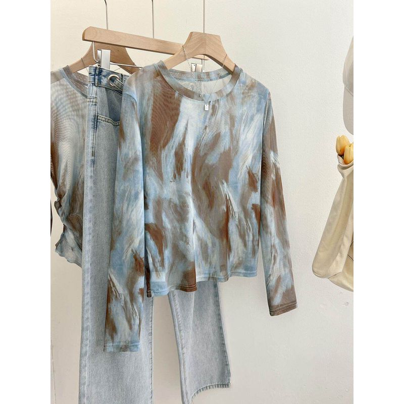 Self-Retained Best Selling Recommend ~ Tie-Dyed Mesh Shoulder Tops Women's Summer New Arrival Thin Breathable Lightweight Sun Protection Blouse