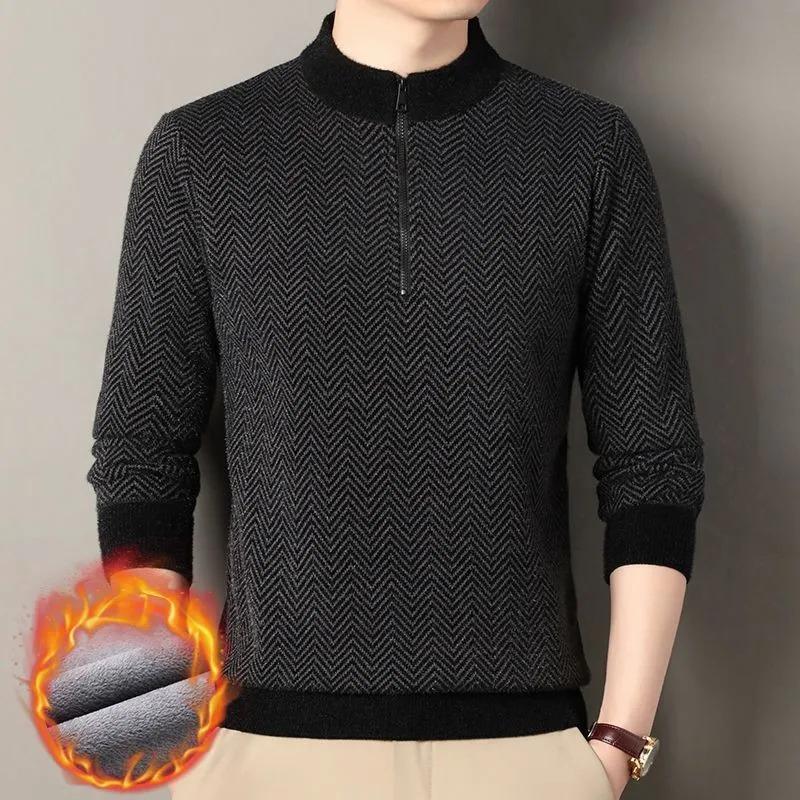 New Autumn Winter Men's Velvet Sweater Ferret Knitted Middle-aged Elderly Thickened Zipper Warm Men's Clothing