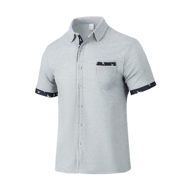 Camicia da uomo a maniche corte con revers, tessuto a quadretti fini, inserto con stampa di uccelli, bottoni, casual, top estivo quotidiano
