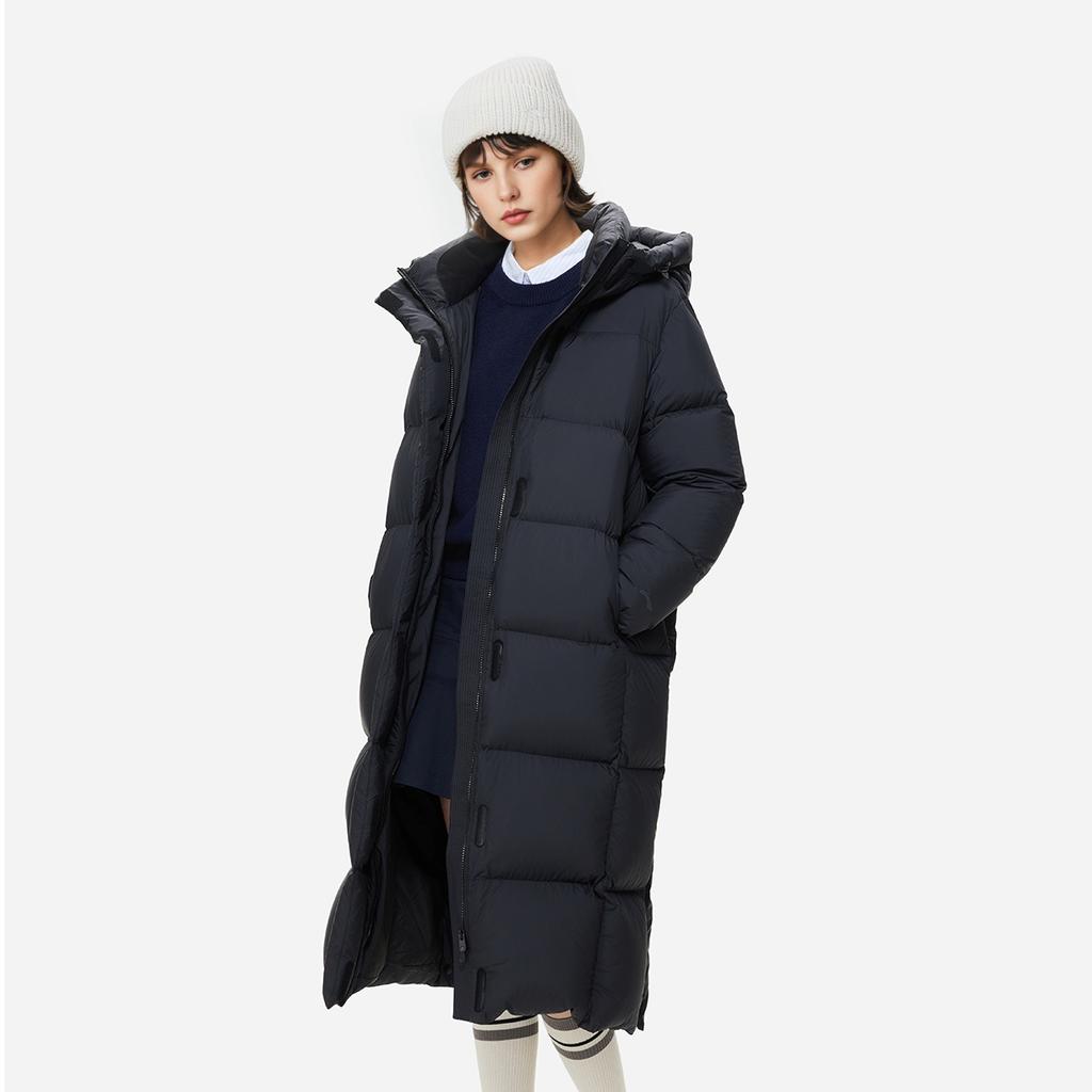 Li Ning Hot Pot Down Series Loose Hooded Solid Color Cold Resistant Outdoor Warm Versatile Long Down Jacket Women outerwear Black AYMU232-4