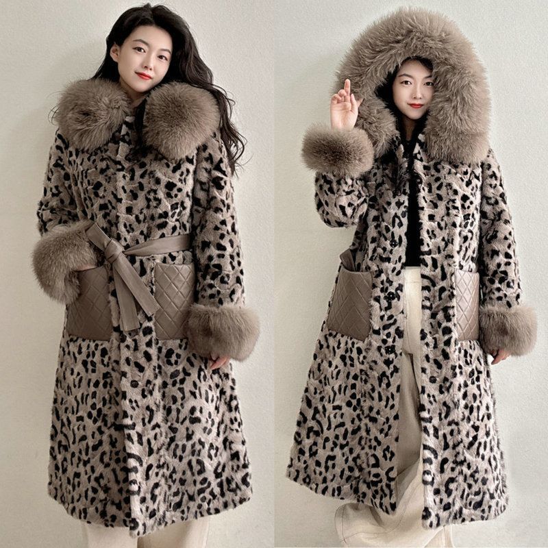 Autumn and Winter Leopard Print Imitation Leather Thickened Imitation Mink Coat Imitation Fox Fur Collar Cotton Clothes Women's Hooded Fur Coat