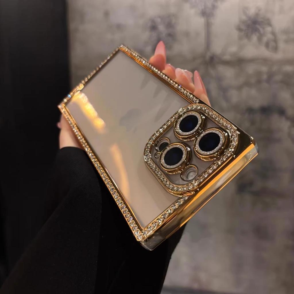 Luxury Plating Diamond Rhinestone Case for iPhone 16 15 14 Plus 13 Pro Max Bling Glitter Square Soft Clear Silicone Bumper Cover