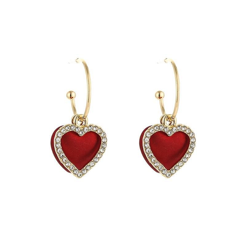 Red Peach Heart Earrings C-Type Trendy Festive Earrings Dongdaemun Earrings