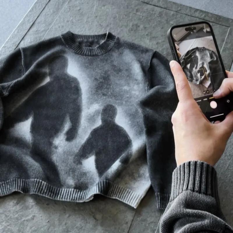 VibeStreet High Street Gradiente Astratto Artistico Ritratto Modello Maglione Lavorato a Maglia Lento Europeo Punk Gotico Girocollo Manica Lunga Maglione