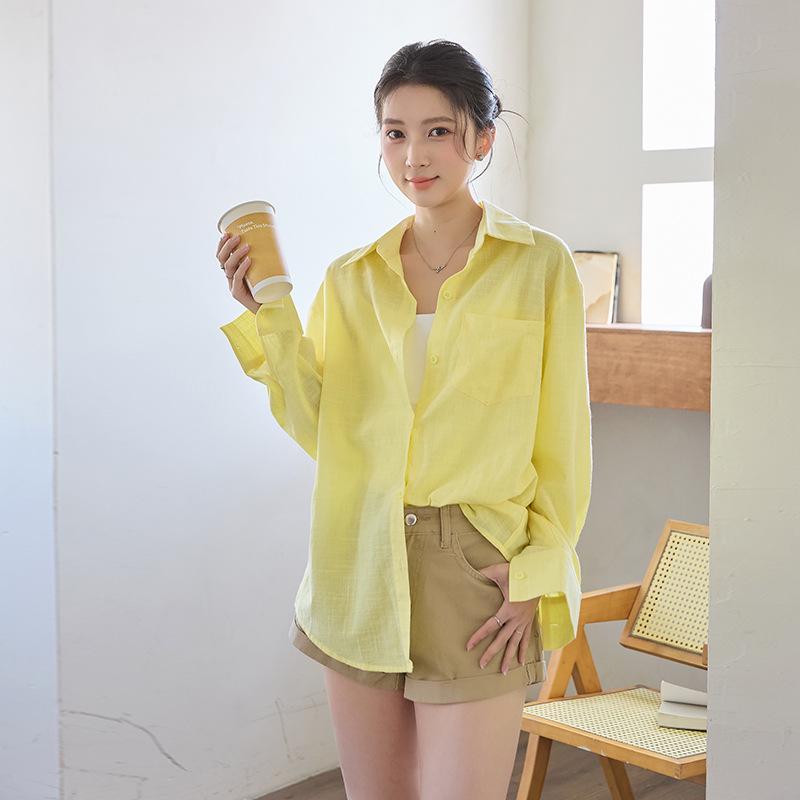 White Washed Cotton Linen Long Sleeve Shirt - Spring/Summer 2026 Sun Protective Loose Cardigan Top