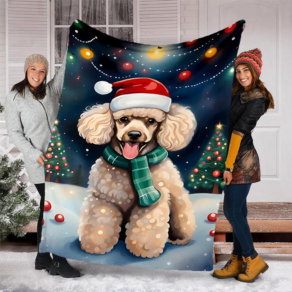 1pc Christmas Poodle Outdoor Flannel Blanket , Machine Washable Perfect Gift for Birthday , Holiday Travel Accessory , Durable Material