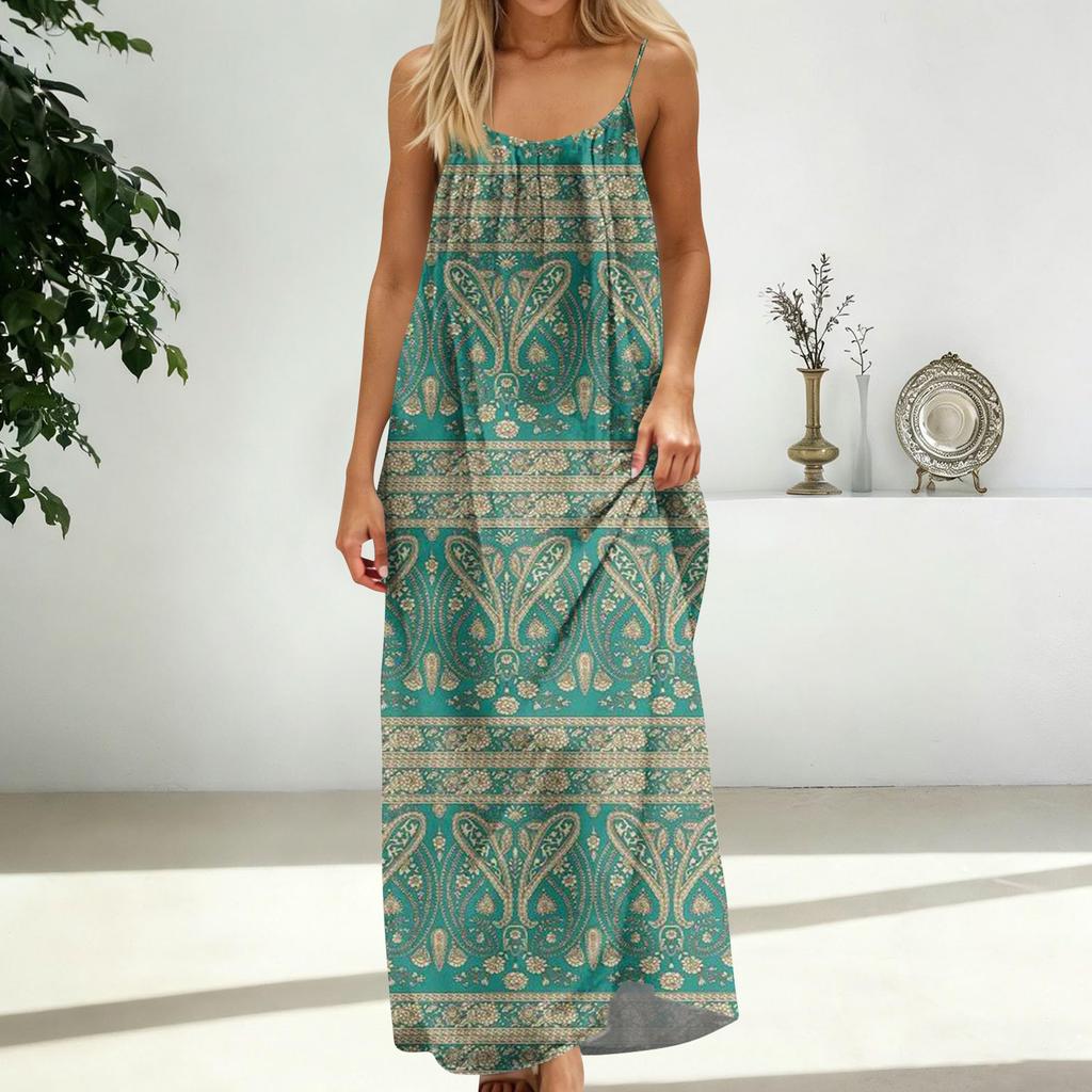 Women's Fashion Backless Spaghetti Strap Casual Loose-Fit Vintage Print Dress