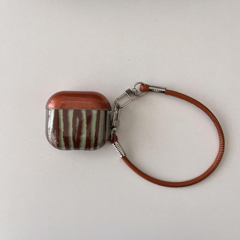 Brown-Green Strips IMD Earphone Case with Lanyard for Airpods Series, Pro3, 1, 2, 3, 4,Pro, Pro2, Dustproof,Anti-fall
