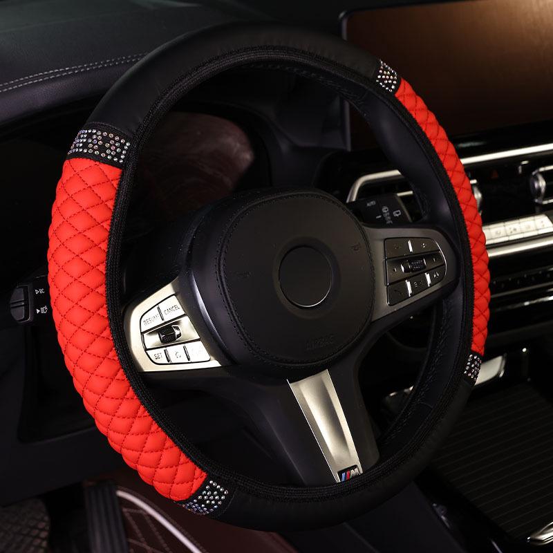Universal Elastic Leather Steering Wheel Cover with 3D Diamond Embroidery