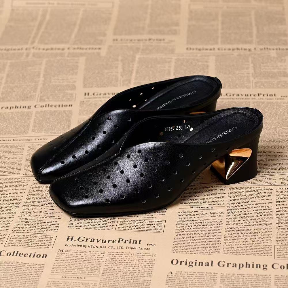 Soft Leather Bag Head Slippers Summer New Hollow Breathable Cool Slippers Versatile Temperament Pointed High Heel Slippers
