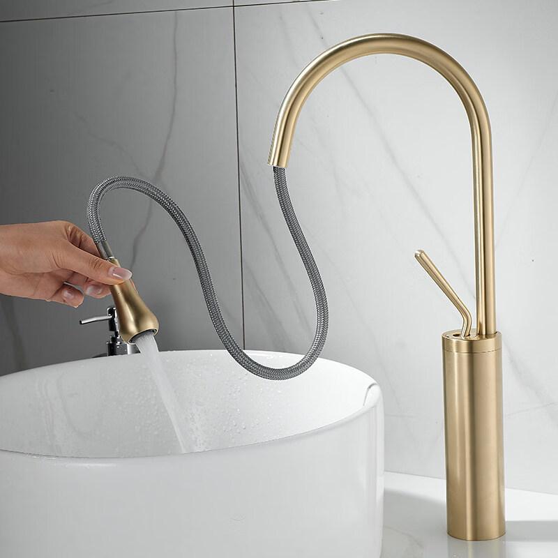 TLXT Brushed Gold Tall Pull-Out Basin Faucet