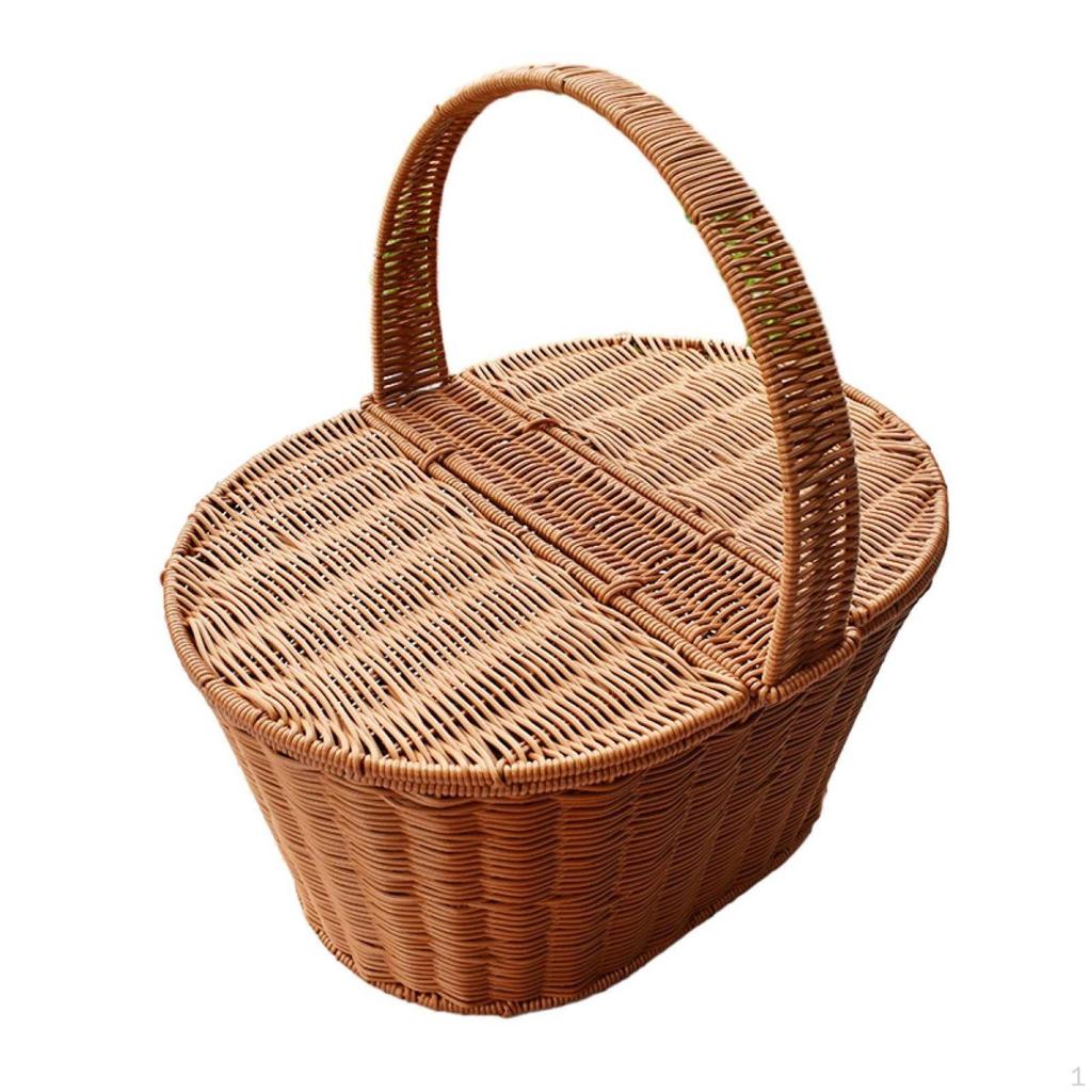 Picnic Basket with Lid Rattantype Handle HardSided for Storage, Shopping 45x30cm