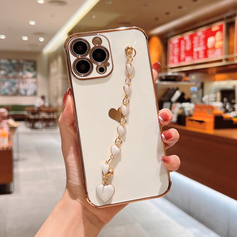 Soft Electroplated Love Heart Silicone Case For iPhone 11 12 13 Pro Max XS X XR 7 8 Plus SE  Mini Bracelet Bumper Cover