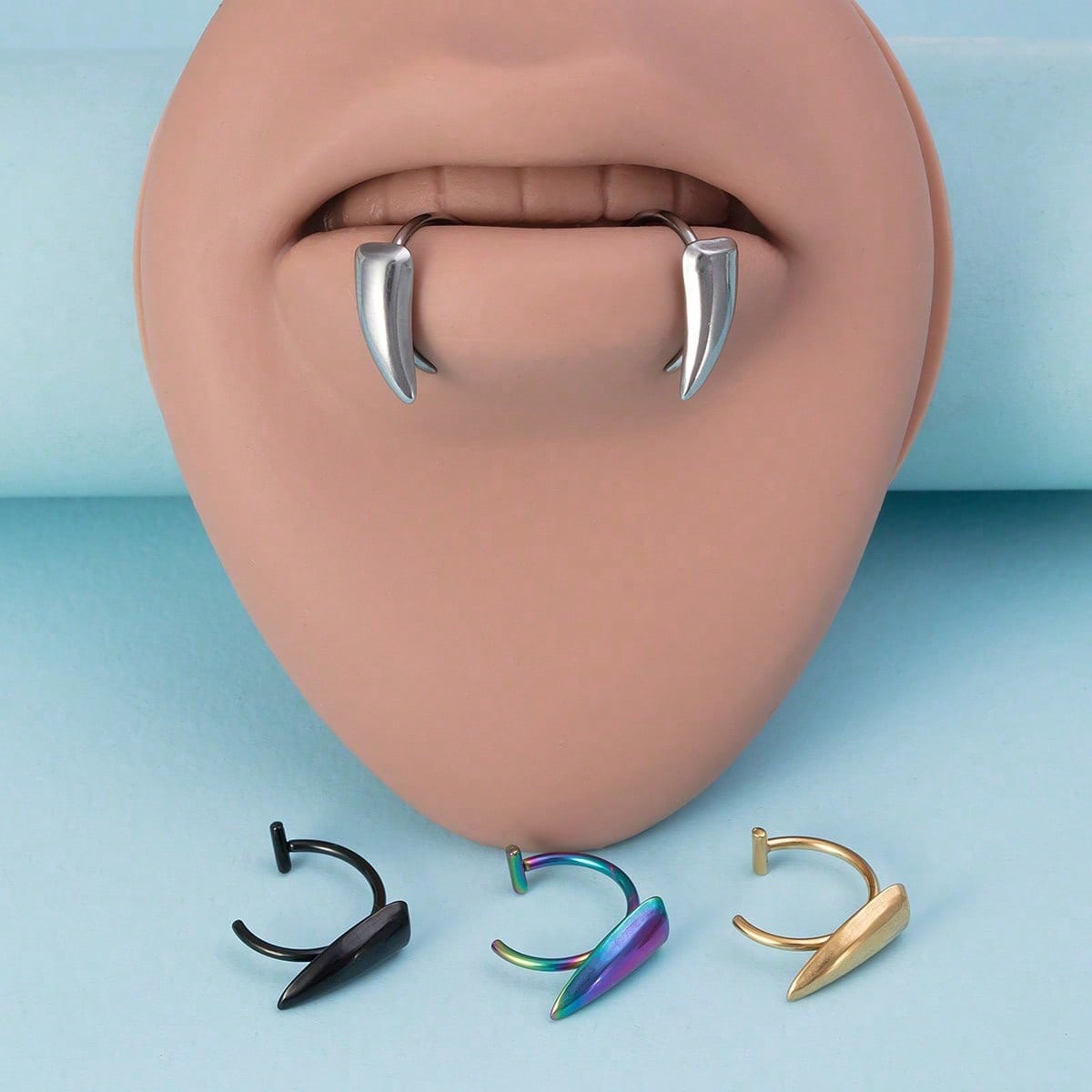 2pcs Exaggerated Gothic Style Stainless Steel Fake Lip Piercing Stud Ring With Sharp Teeth Design Body Jewelry серебряный