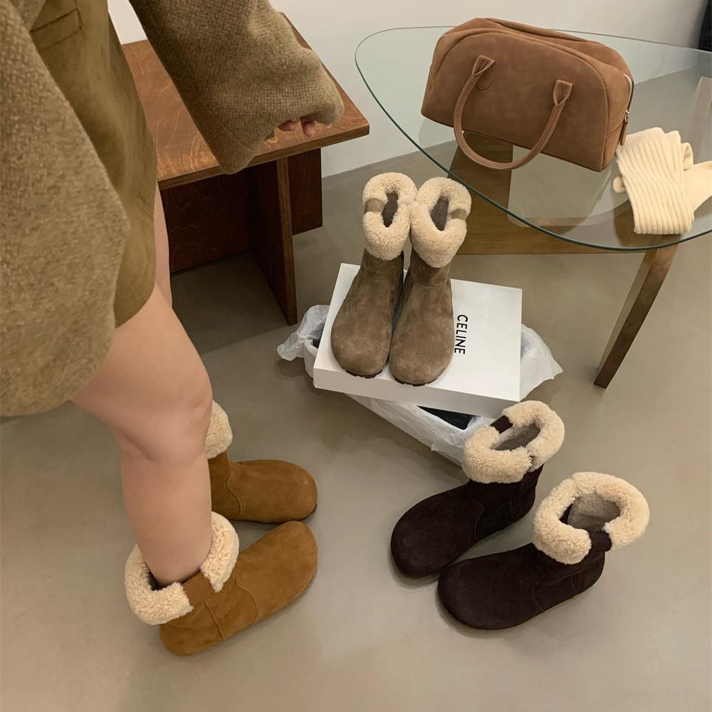 2025 Autumn and Winter New Round Head Leather Matte Plush Thin Martin Snow Shoes Warm Boken Women's Short Boots