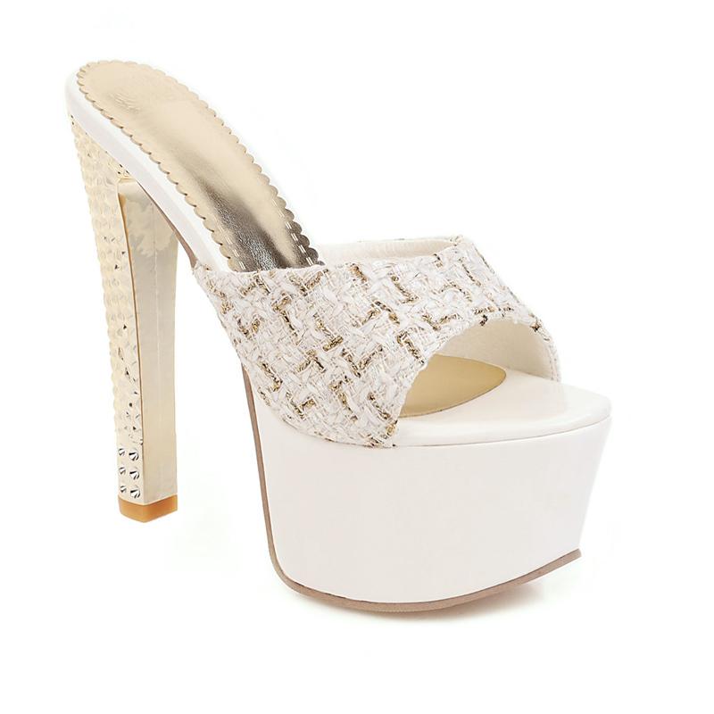 

Модные сексуальные летние туфли-мюли, женские тапочки, экстремально высокие каблуки 15 см, женские шлепанцы, роскошные босоножки на платформе и шпильках, большой размер 45 45 белый