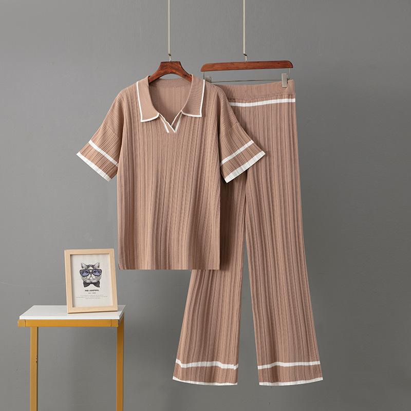 New Summer Polo Collar Short Sleeve Fashion Casual Loose Versatile Thin High Waist Knitted Suit Women