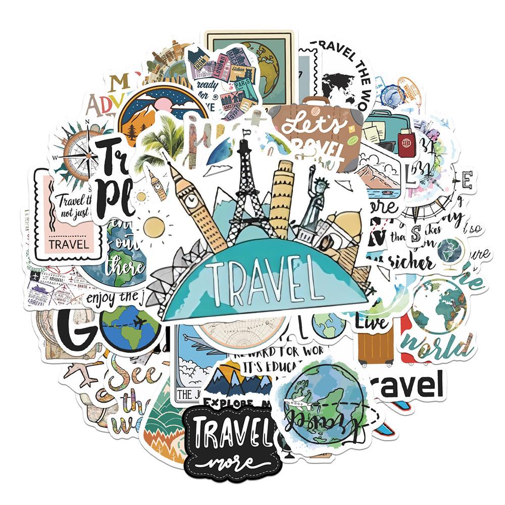 10/30/50pcs Outdoor Travel Cartoon Stickers World Map Landscape Decals DIY Laptop Journal Notebook Holiday Vacation Sticker Pack
