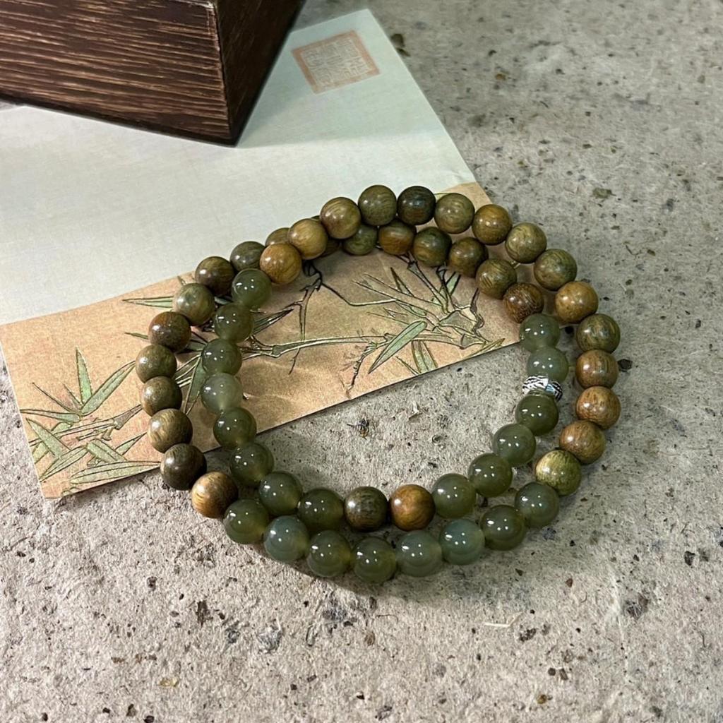 Natural Green Sandalwood Patchwork Beaded Bracelet - Ethnic Style, Double Layer, Stackable Accessories