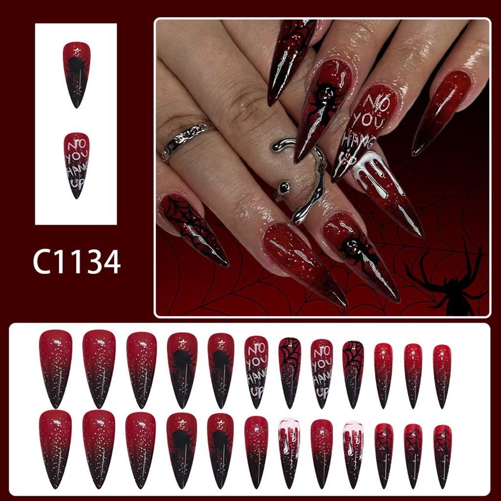 Halloween Press On Nails Almond Fake Nails Spider Acrylic Nails Glossy False Nails Stick On Nails Full Cover Fake Nails